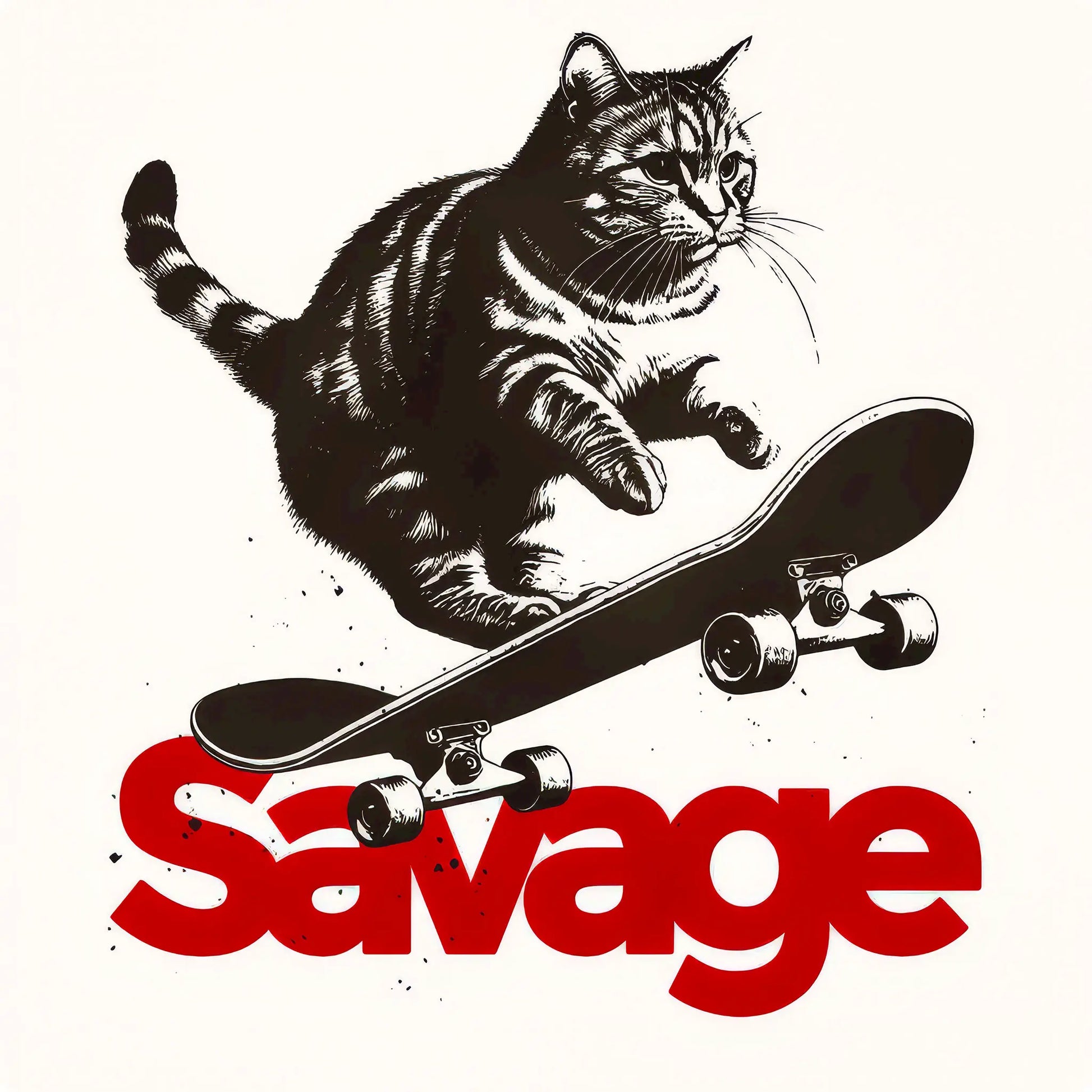 Savage feline skater illustration with bold black lines – έντονο ασπρόμαυρο σχέδιο γάτου σε skate, σύμβολο ανεξαρτησίας, ενέργειας και πόλης
