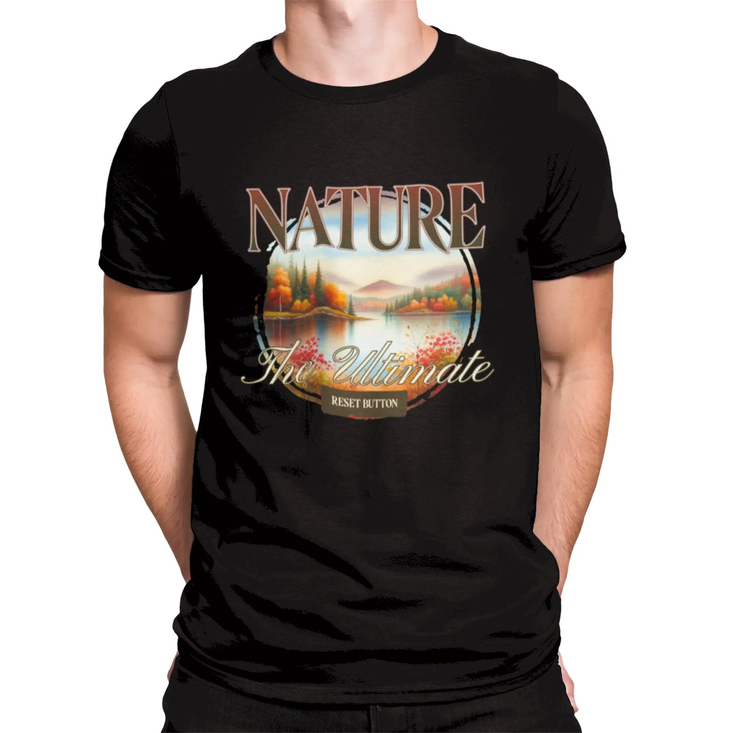 Scenic landscape artwork with mountains and lake on a balck t-shirt – Καλλιτεχνική απεικόνιση τοπίου με βουνά και λίμνη σε μαύρο t-shirt