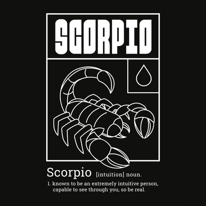 Scorpio zodiac design with "SCOOPIO" text and intuition definition "known to be an extremely intuitive person, capable to see through you" with scorpion symbolism - Σχέδιο ζωδίου σκορπιού με κείμενο "SCOOPIO" και ορισμό διορατικότητας "known to be an extremely intuitive person, capable to see through you" με συμβολισμό σκορπιού