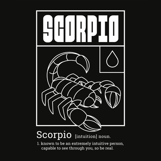 Scorpio zodiac design with "SCOOPIO" text and intuition definition "known to be an extremely intuitive person, capable to see through you" with scorpion symbolism - Σχέδιο ζωδίου σκορπιού με κείμενο "SCOOPIO" και ορισμό διορατικότητας "known to be an extremely intuitive person, capable to see through you" με συμβολισμό σκορπιού