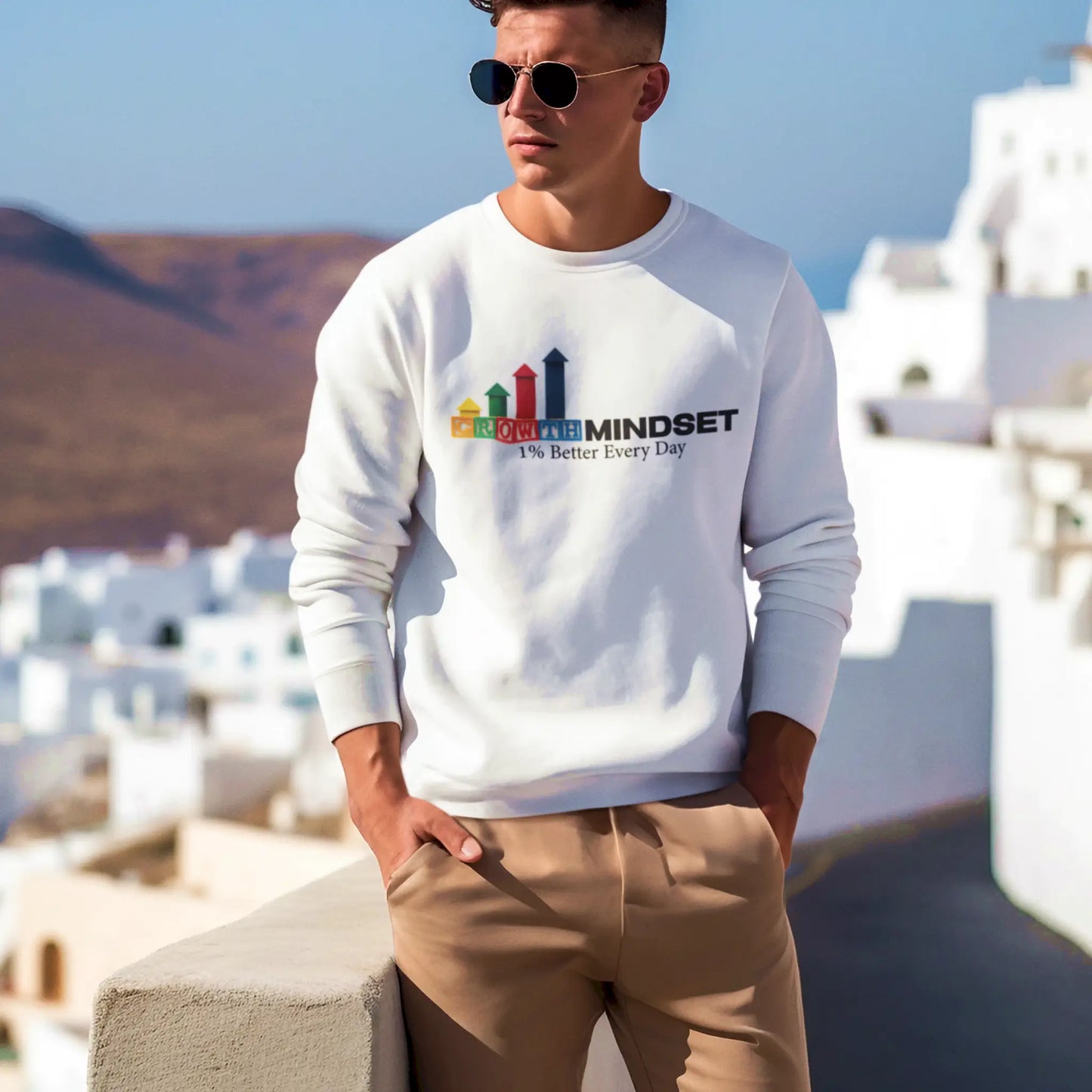 Self-development message subtly displayed on soft white sweatshirt – Μήνυμα αυτοβελτίωσης διακριτικά τοποθετημένο σε λευκό μαλακό φούτερ