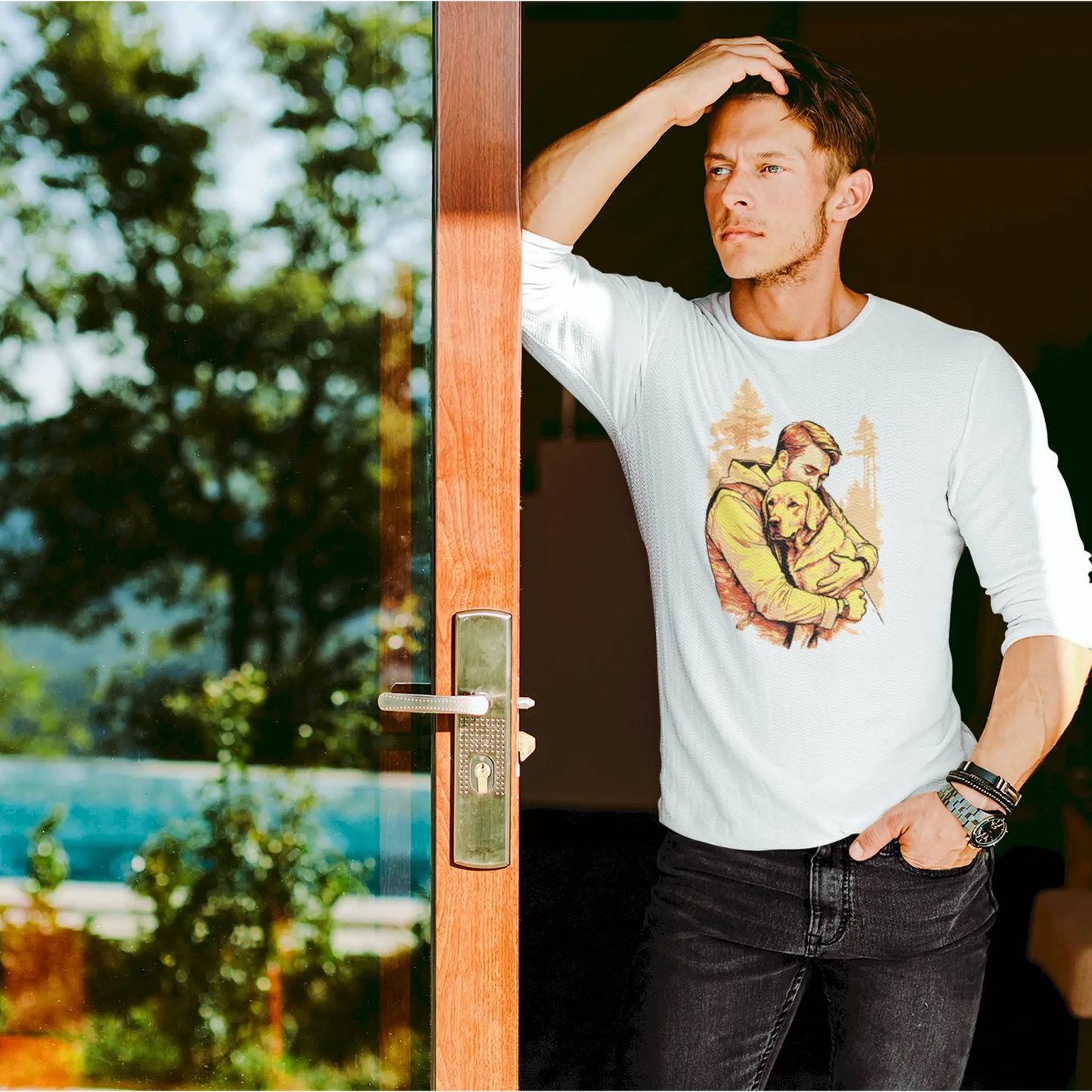 Serene moment of man and dog captured in golden shades – calming presence on white long sleeve -
Γαλήνια στιγμή ανάμεσα σε άνθρωπο και σκύλο αποτυπωμένη σε χρυσαφένιες αποχρώσεις – ήρεμη παρουσία σε λευκή μακρυμάνικη μπλούζα.