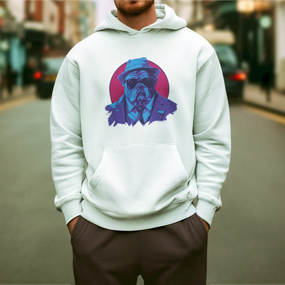 Sharp bulldog in suit printed on bold white hoodie – Καλοστημένος μπουλντόγκ με κοστούμι πάνω σε δυναμικό μαύρο hoodie