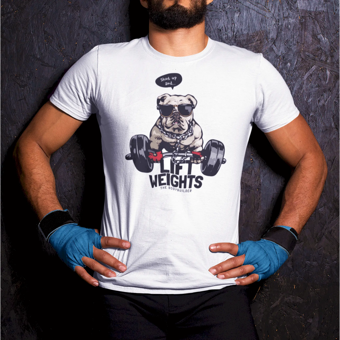 Shut up and lift” gym quote bulldog design on clean white tee – Design με φράση motivation σε λευκό t-shirt