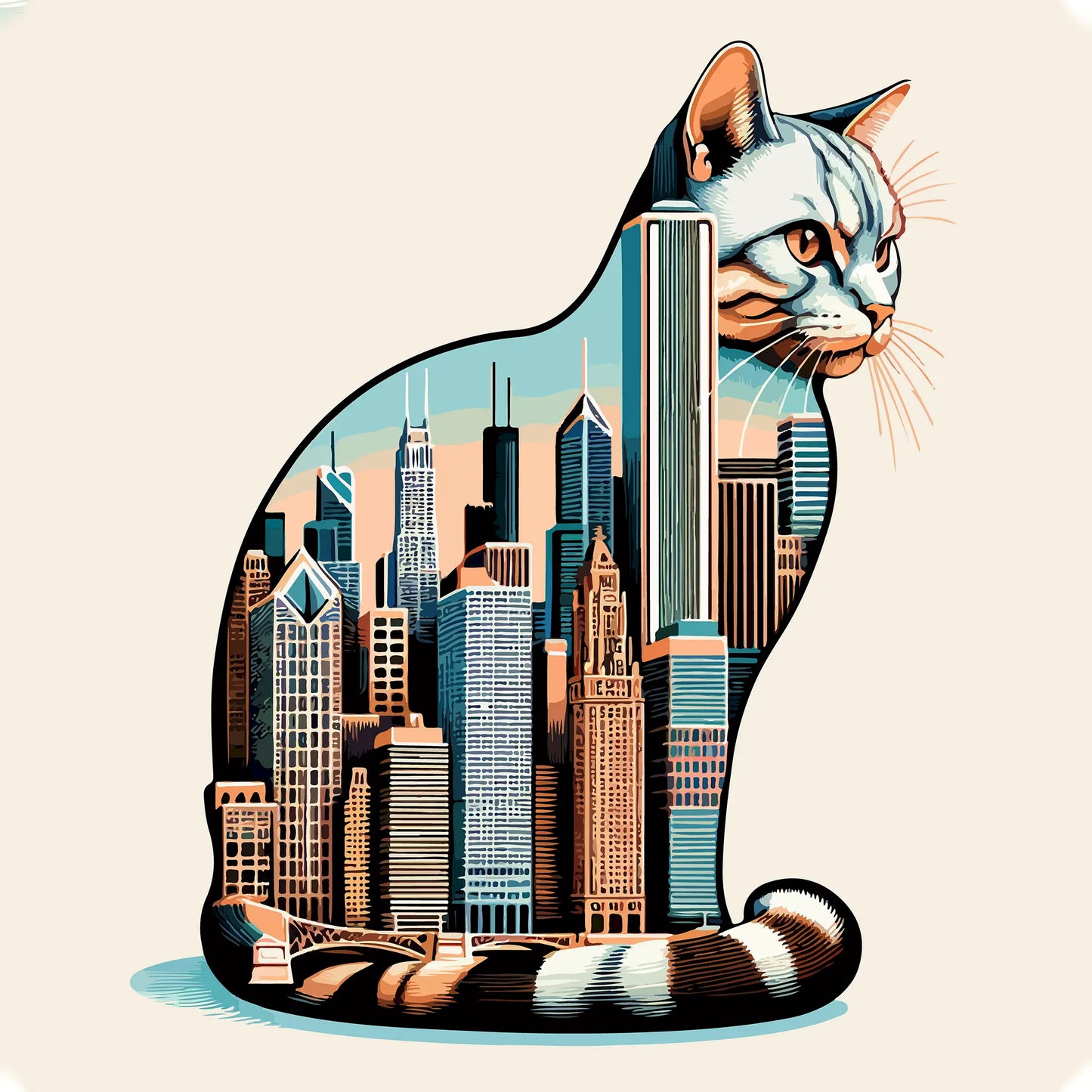 Skyline-shaped cat illustration blending feline form with Chicago skyscrapers – Καλλιτεχνική σύνθεση γάτας που ενσωματώνει ουρανοξύστες Σικάγο σε μοντέρνο urban στυλ