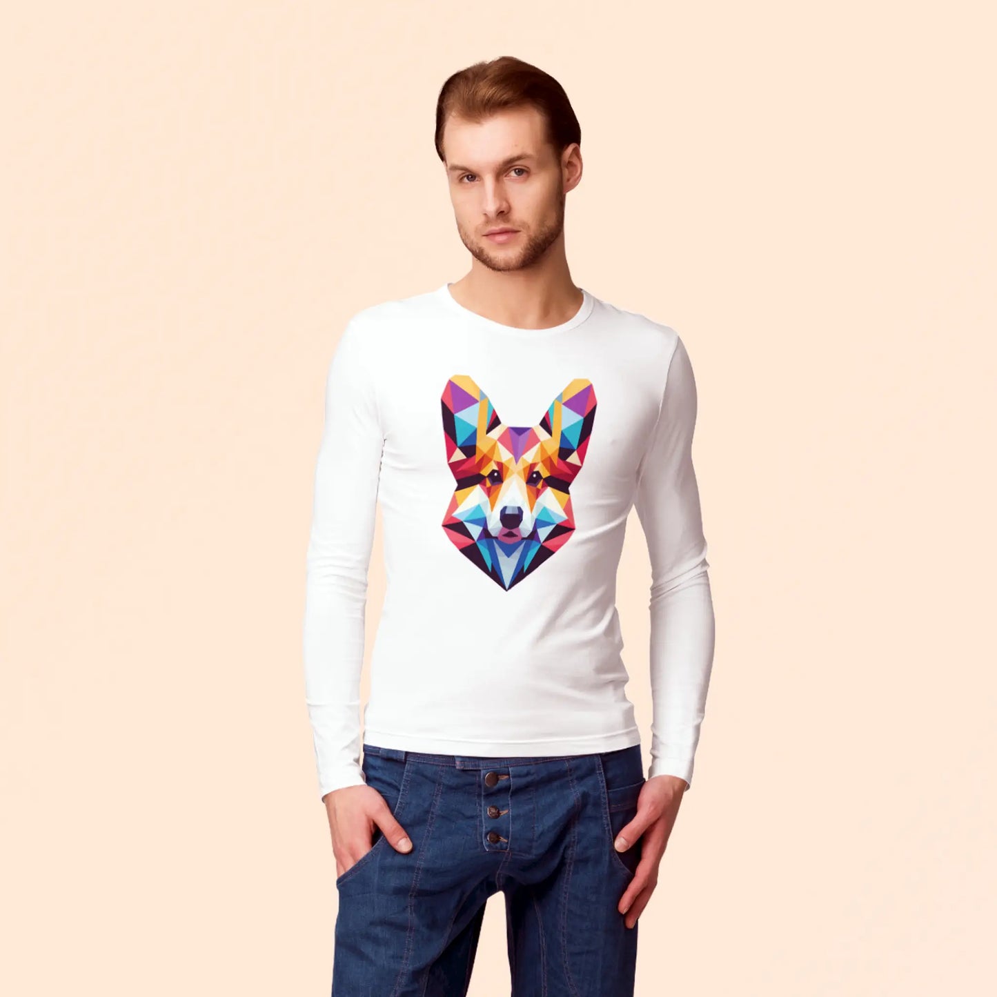 Sleek black long sleeve with a bold dog face design – Λευκό μακρυμάνικο με έντονο σχεδιασμό σκύλου σε πολυγωνική αισθητική