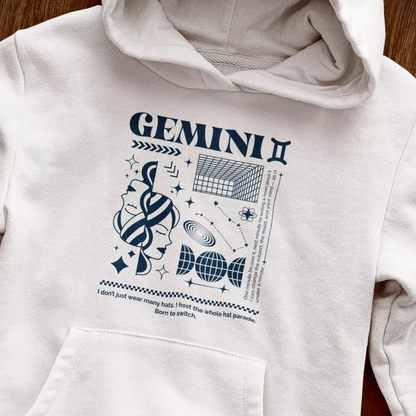 Soft white hooded sweatshirt featuring twin symbols and mercury planet design - Μαλακό λευκό φούτερ με κουκούλα και σύμβολα δίδυμων και σχέδιο πλανήτη ερμή