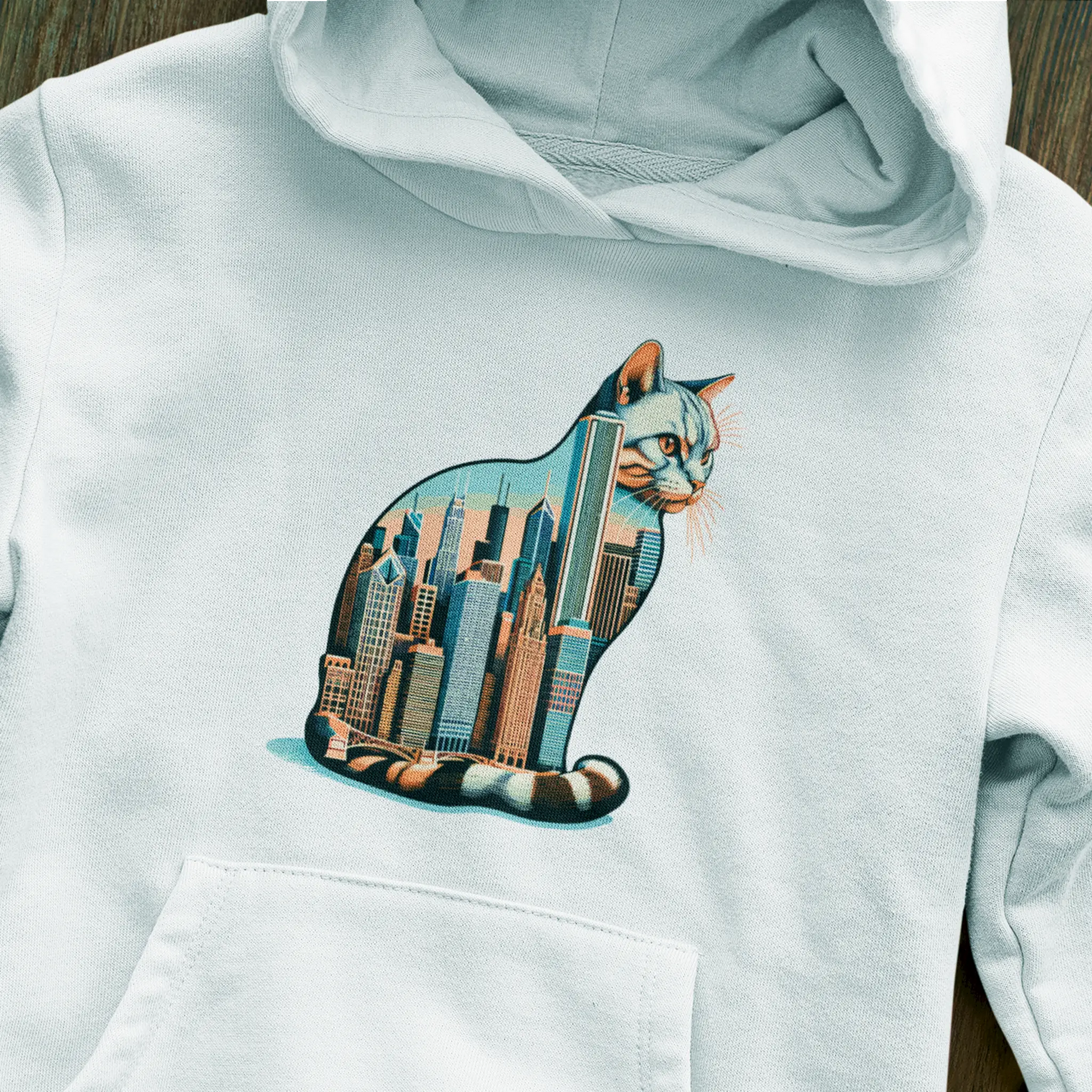 Soft white hoodie blending urban structure and cat – Λευκό hoodie που ενώνει πόλη και γάτα σε ένα εντυπωσιακό print