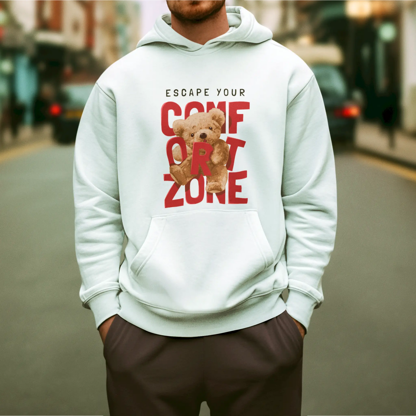Soft white pullover hoodie with adorable bear personal growth message – Μαλακό λευκό pullover hoodie με αξιολάτρευτο αρκούδι προσωπική ανάπτυξη μήνυμα