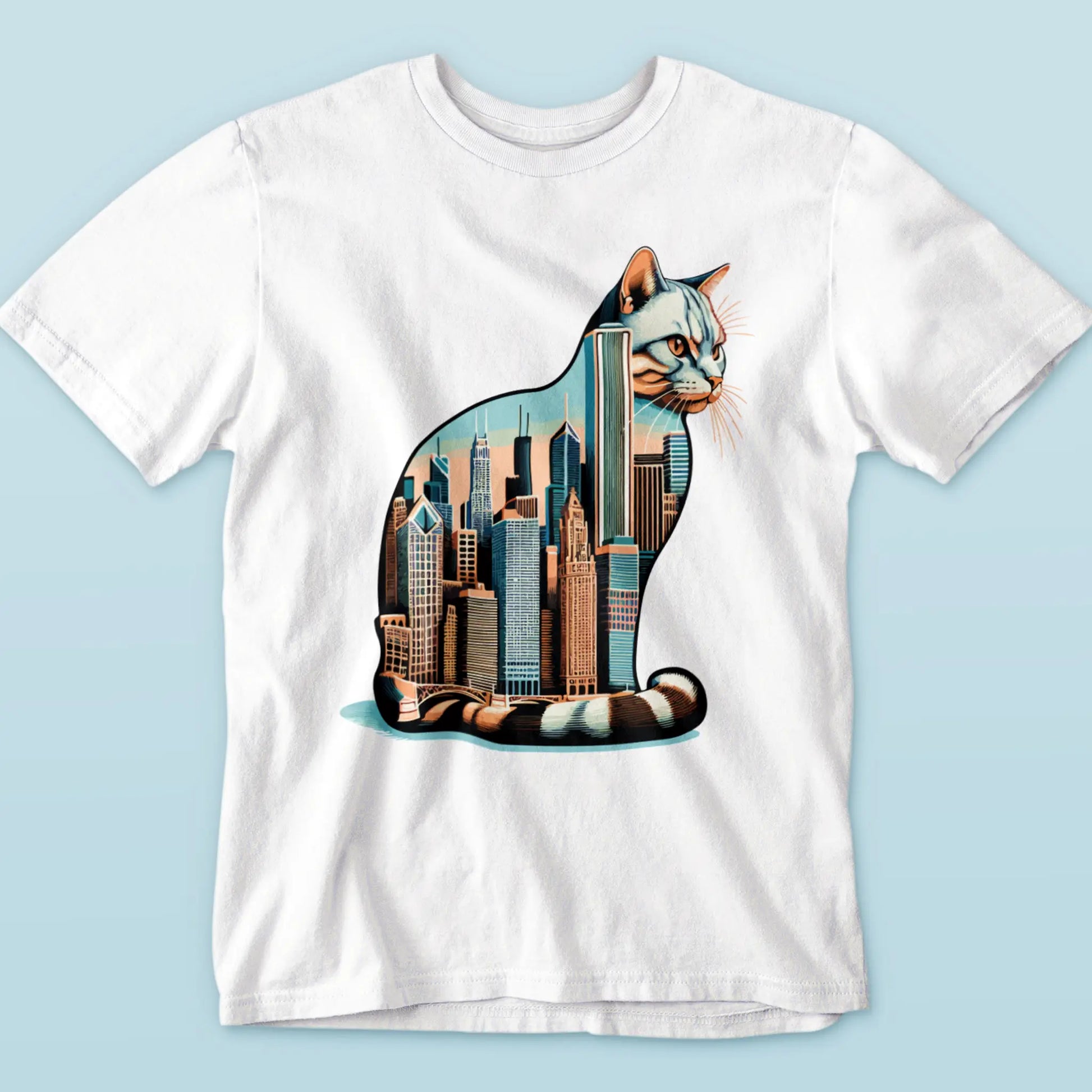 Statement tee in white with urban feline artwork – Εκφραστικό σχέδιο γάτας-πόλης σε λευκό φανελάκι