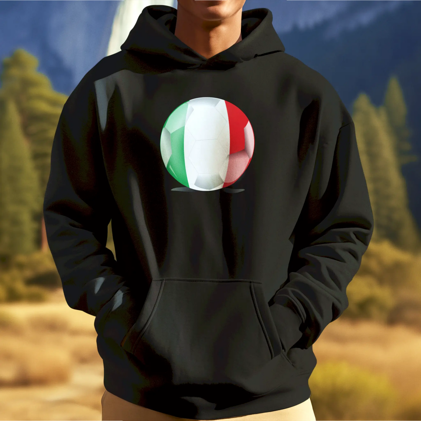 Street-style black hoodie featuring Italy flag football art. | Hoodie σε street-style με σχέδιο ποδοσφαιρικής μπάλας Ιταλίας.