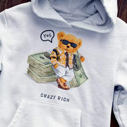 Street white hoodie featuring millionaire teddy graphic – Street λευκό hoodie με γραφικό teddy εκατομμυριούχου