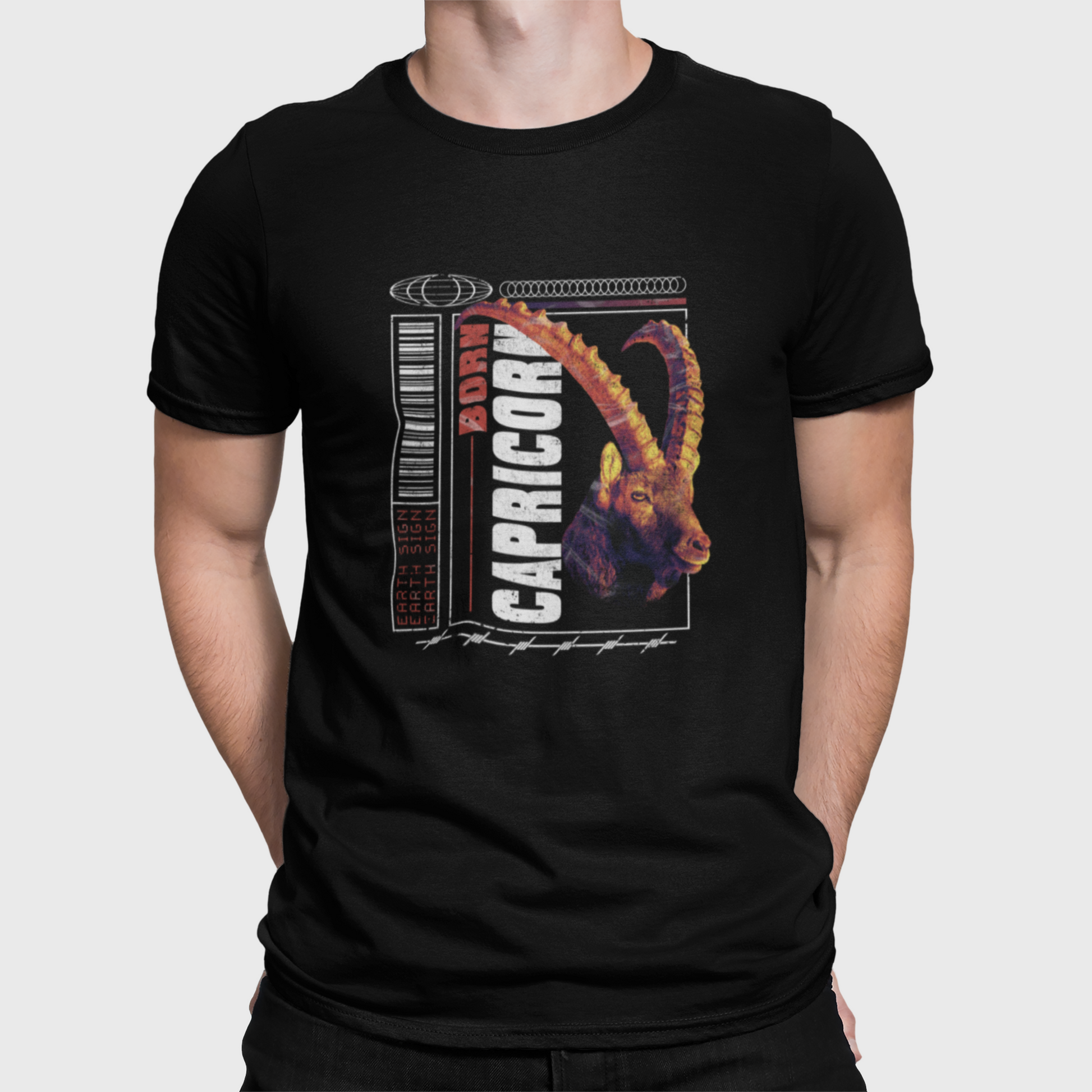 Streetwear Capricorn tee in black featuring urban trap aesthetics with earth element repetition and modern zodiac text / Streetwear μπλουζάκι Αιγόκερος σε μαύρο με urban trap αισθητική, επανάληψη γήινου στοιχείου και μοντέρνο ζωδιακό κείμενο