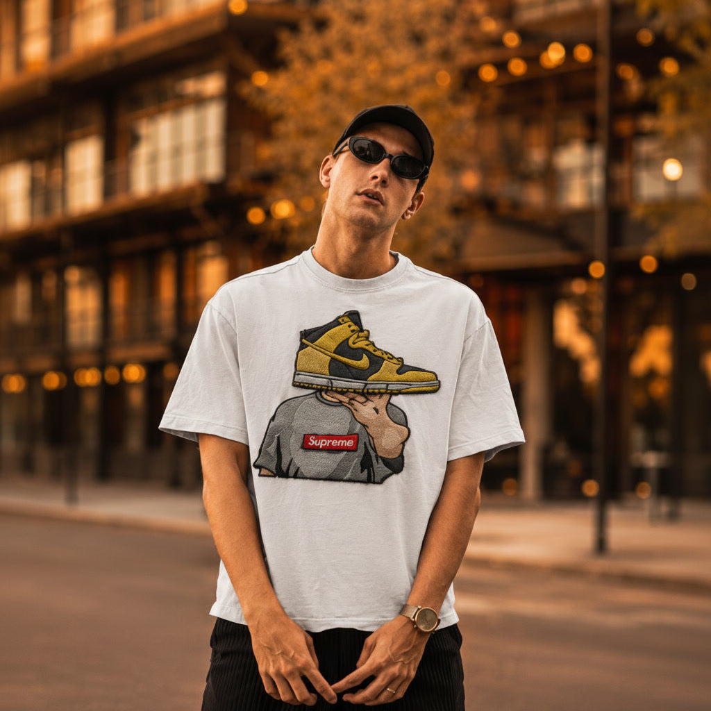 Streetwear model wearing a white oversized t-shirt with premium embroidered sneaker graphic in a cinematic urban golden hour scene, μοντέλο streetwear με λευκό oversized t-shirt και premium κεντημένο σχέδιο sneaker σε κινηματογραφικό αστικό σκηνικό golden hour.