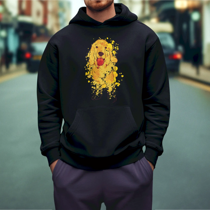Striking black hoodie with a vivid watercolor Cocker dog illustration — Μαύρο hoodie με έντονο καλλιτεχνικό σχέδιο Cocker Spaniel σε watercolor.