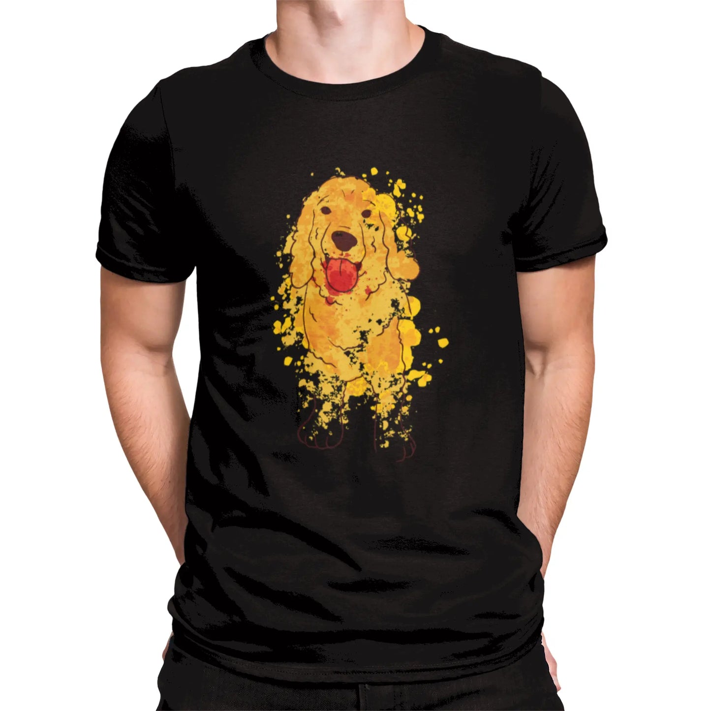 Striking black shirt with a vibrant watercolor Cocker Spaniel illustration — Εντυπωσιακή μαύρη μπλούζα με ζωηρή απεικόνιση Cocker Spaniel σε υδατογραφία.