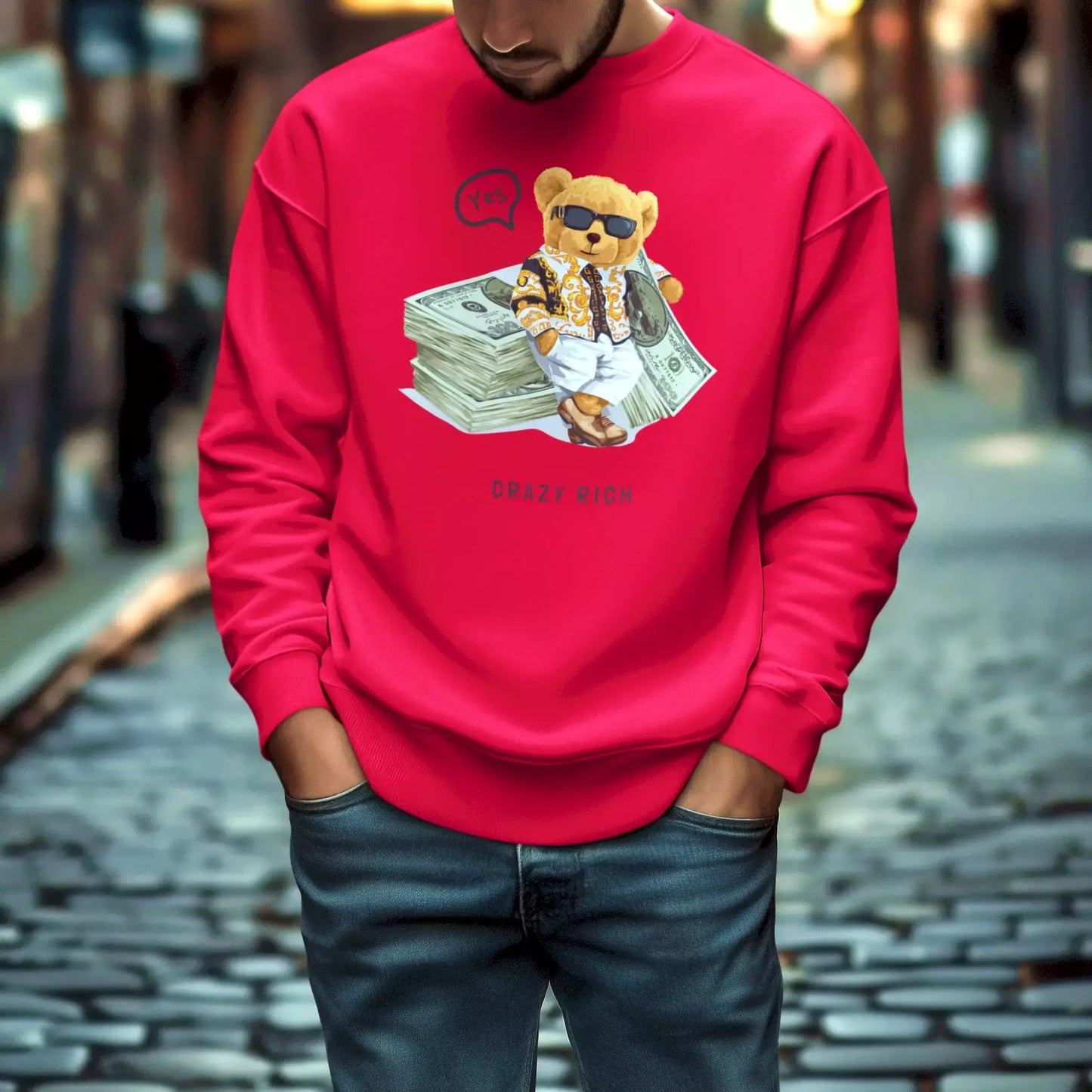 Striking red crewneck showcasing a money-themed teddy bear, για εσένα που θέλεις να κάνεις εντύπωση με το ντύσιμό σου.