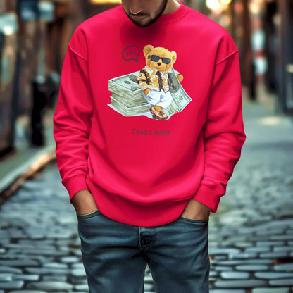 Striking red crewneck showcasing a money-themed teddy bear, για εσένα που θέλεις να κάνεις εντύπωση με το ντύσιμό σου.
