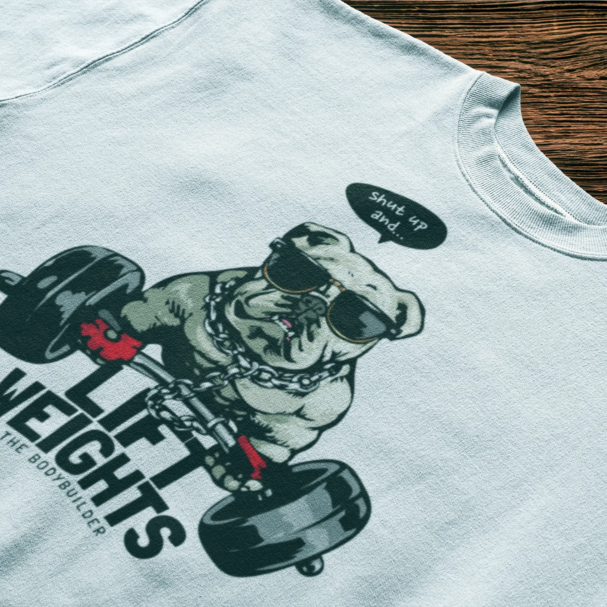 Strong pitbull style dog doing deadlift in cool street style – Σχέδιο με σκύλο τύπου pitbull που σηκώνει βάρη, σε λευκό φόντο