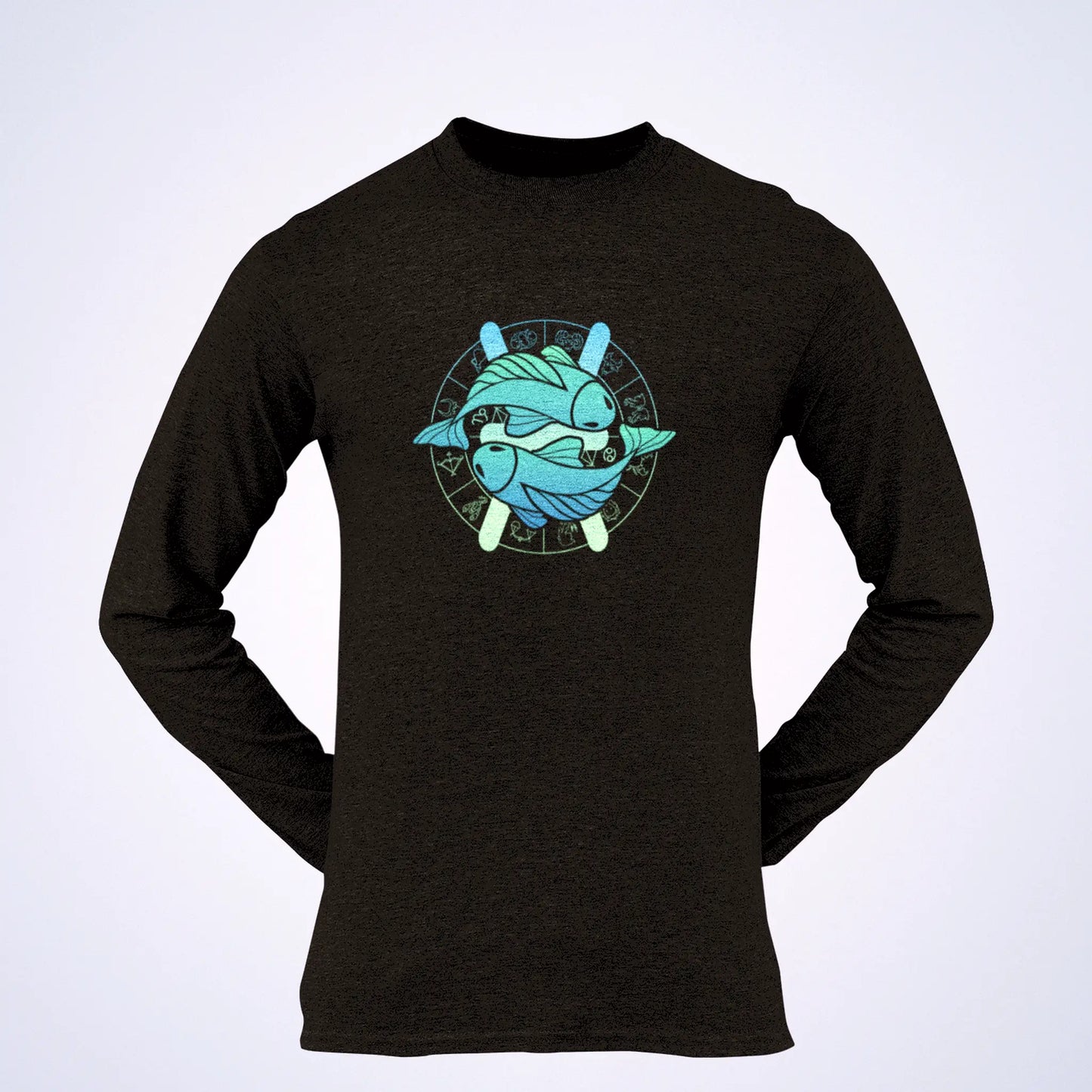 Stylish Pisces astrology design on black long sleeve shirt – Στυλάτο σχέδιο Ιχθύ αστρολογίας σε μαύρο μακρυμάνικο