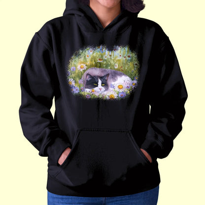 Stylish black hoodie featuring enchanting watercolor cat design with vibrant daisies and nature elements - Κομψό μαύρο hoodie με μαγευτικό watercolor σχέδιο γάτας με έντονες μαργαρίτες