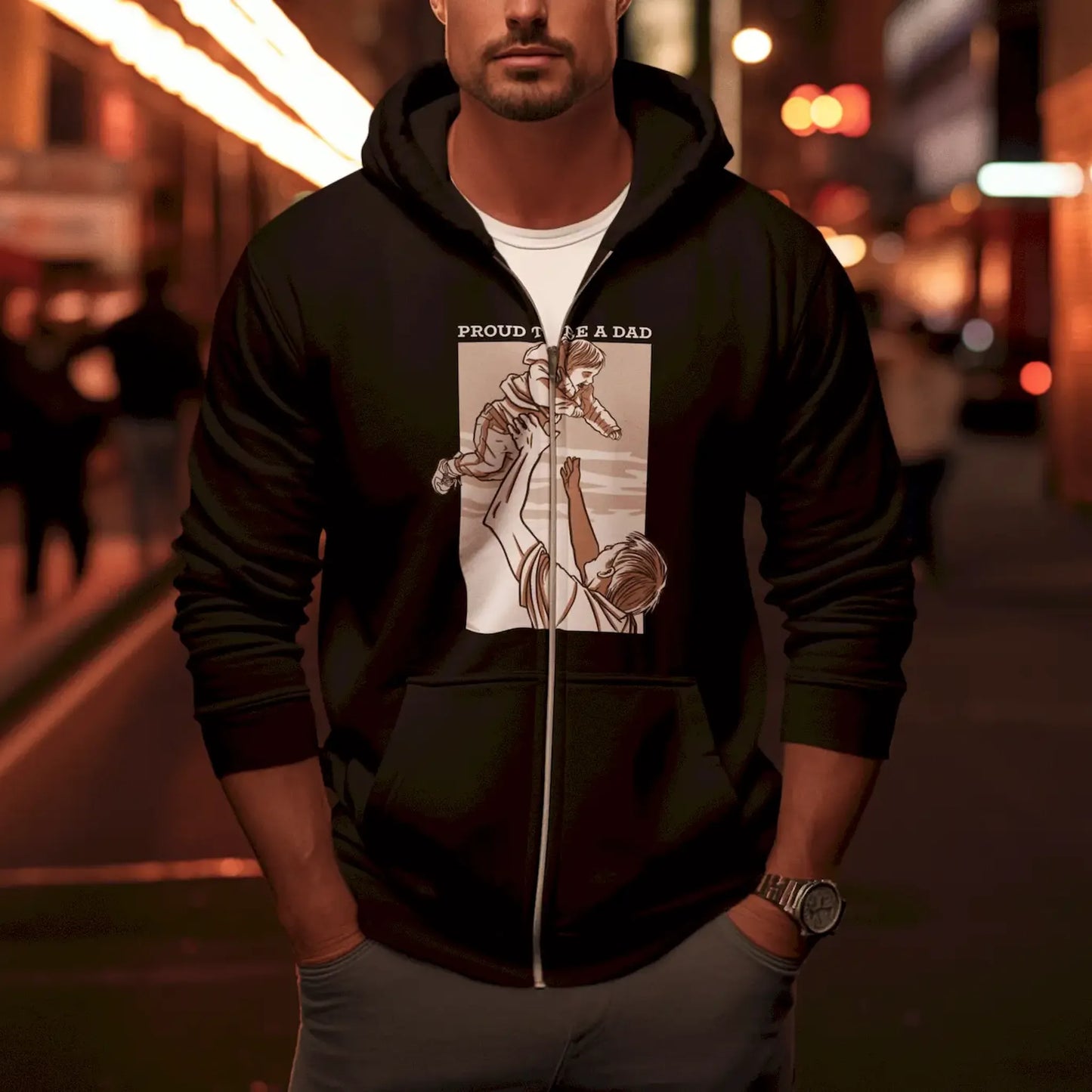 Stylish black zip-up for active dads on the go with their children / Μοντέρνα μαύρη ζακέτα με κουκούλα για ενεργητικούς μπαμπάδες σε κίνηση με τα παιδιά τους