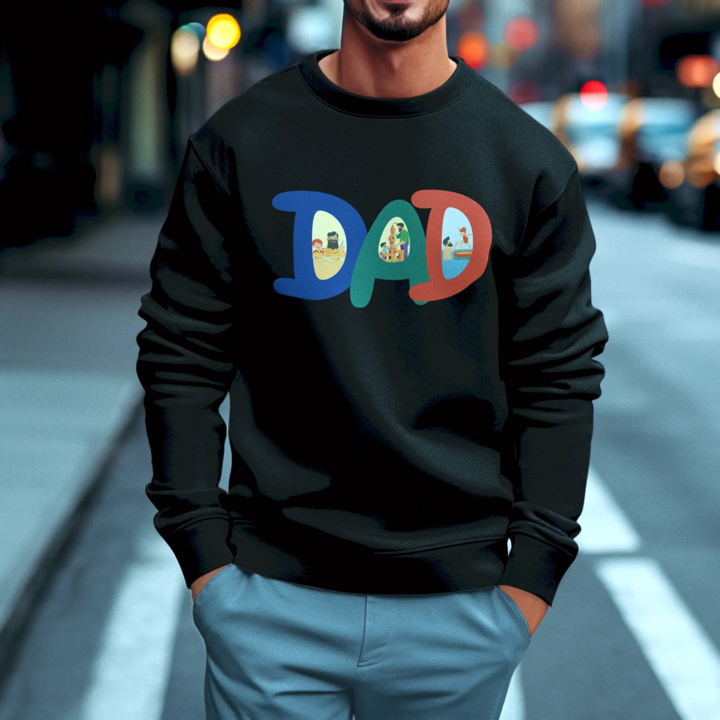 Stylish fatherhood graphic on black crewneck sweater | Στυλάτο σχέδιο πατρότητας σε μαύρο crewneck