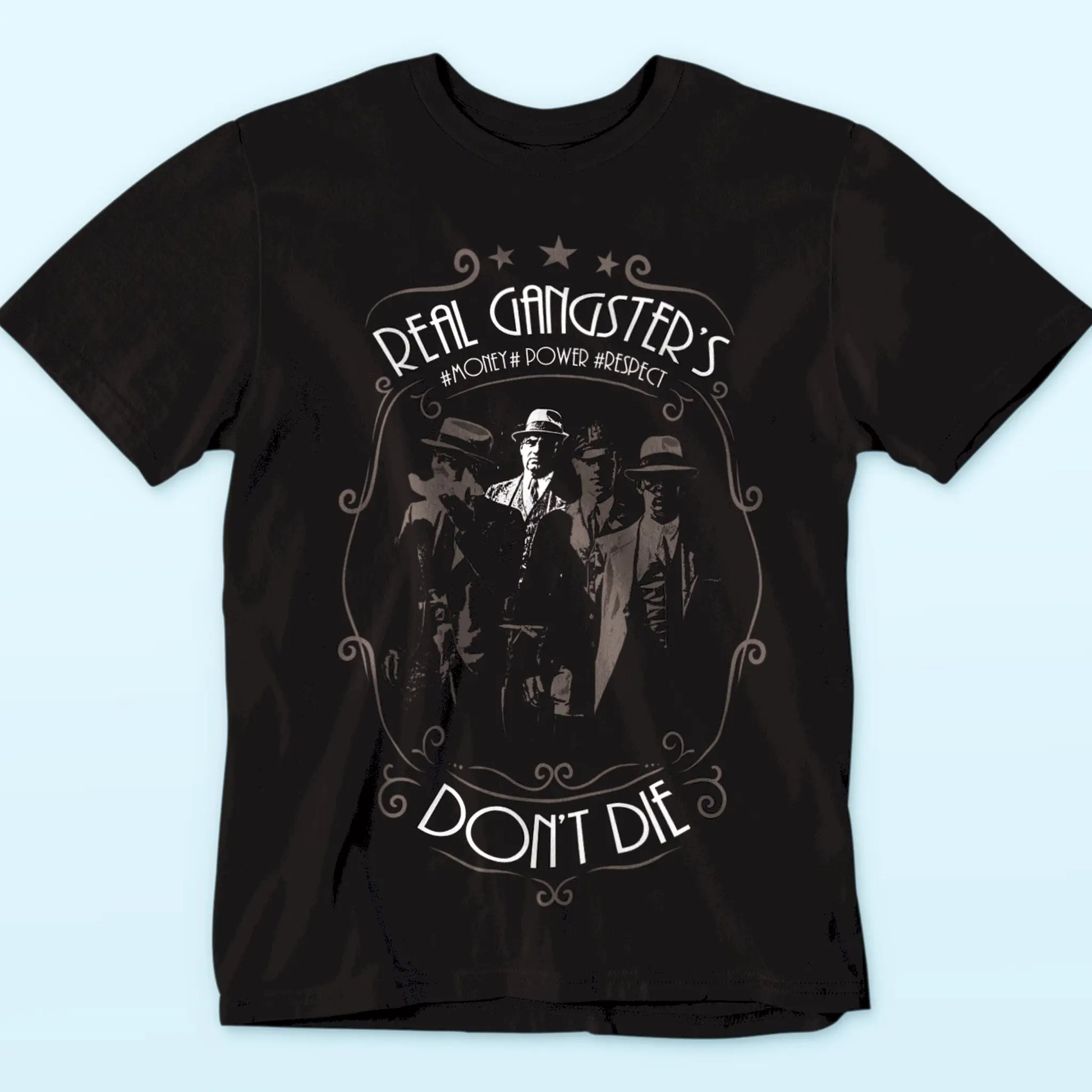Stylish gangster artwork printed on a dark t-shirt – Σικ γκανγκστερικό σχέδιο τυπωμένο σε σκούρο μπλουζάκι