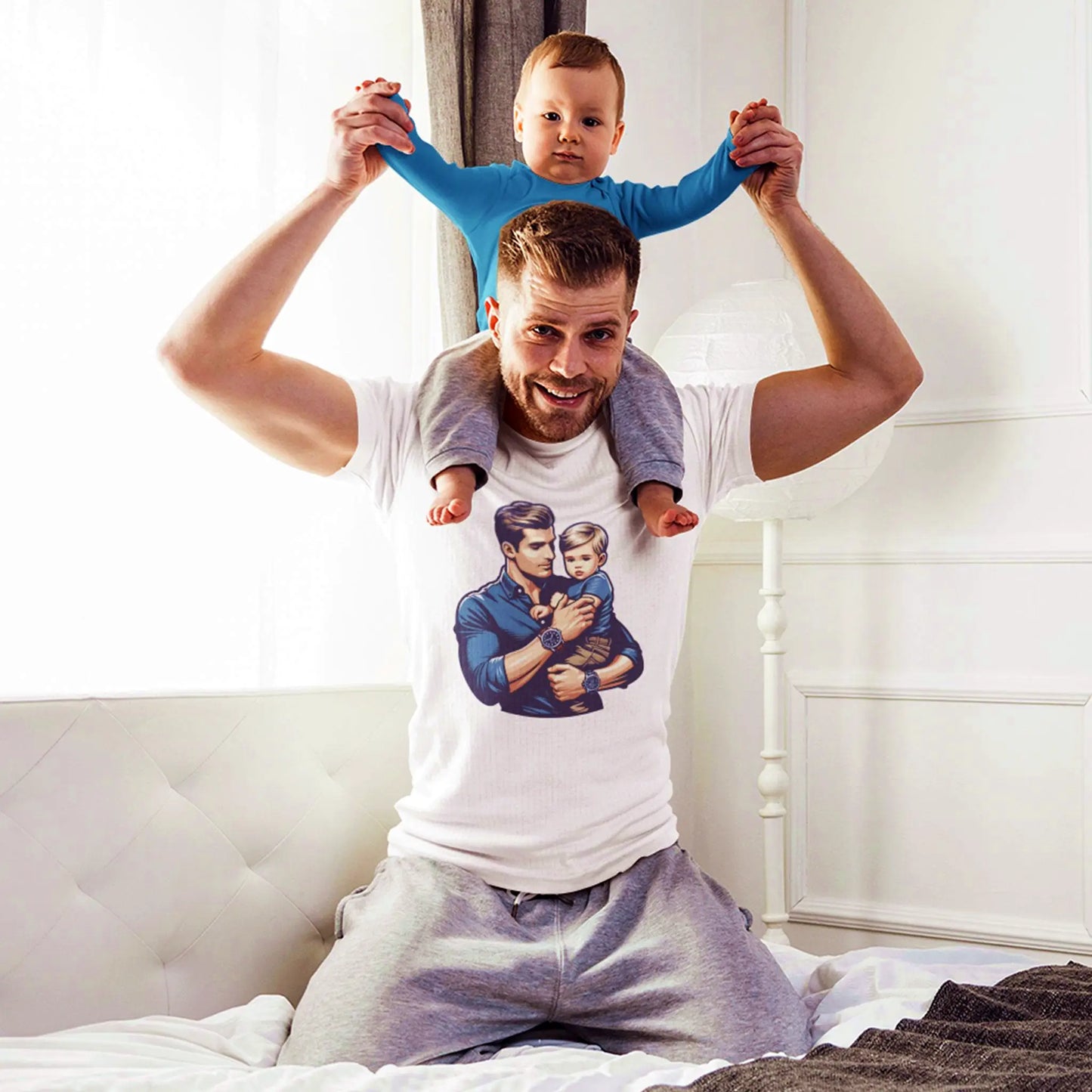 Stylish white t-shirt with dad holding child illustration – Στυλάτο λευκό μπλουζάκι με εικονογράφηση μπαμπά που κρατά παιδί.