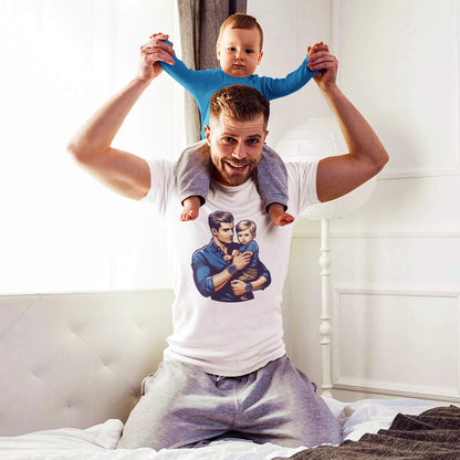 Stylish white t-shirt with dad holding child illustration – Στυλάτο λευκό μπλουζάκι με εικονογράφηση μπαμπά που κρατά παιδί.