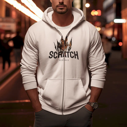 Stylish white zip up hoodie showcasing a high-quality Scratch the surface print. — Στυλάτη λευκή ζακέτα με φερμουάρ και κουκούλα που αναδεικνύει ένα τύπωμα υψηλής ποιότητας Scratch the surface