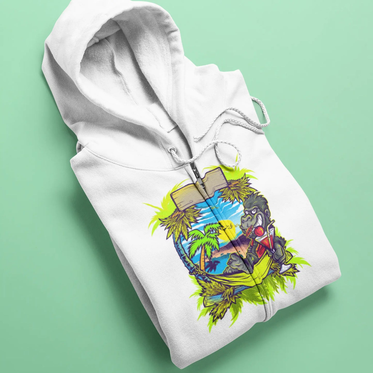 Stylish white zip up hoodie showcasing a high-quality multicolored gorilla design. — Στυλάτη λευκή ζακέτα με φερμουάρ που αναδεικνύει ένα υψηλής ποιότητας πολύχρωμο σχέδιο γορίλα