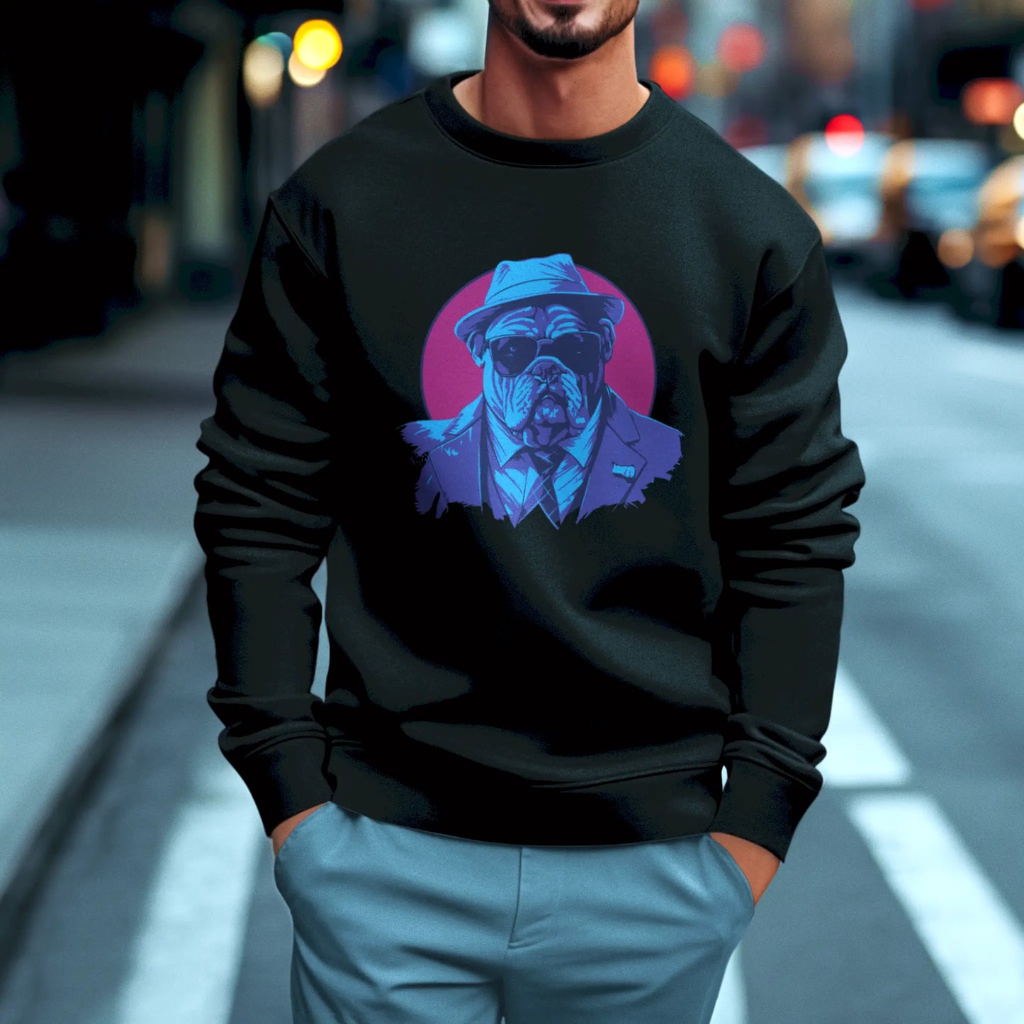Stylized gangster dog in blue-purple tones on black sweatshirt – Στυλιζαρισμένος σκύλος γκάνγκστερ σε μπλε-μωβ αποχρώσεις πάνω σε μαύρο φούτερ