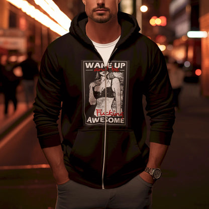 Subtle personal growth print on clean black zippered hoodie – Διακριτικό print προσωπικής ανάπτυξης σε καθαρό μαύρο zip hoodie.
