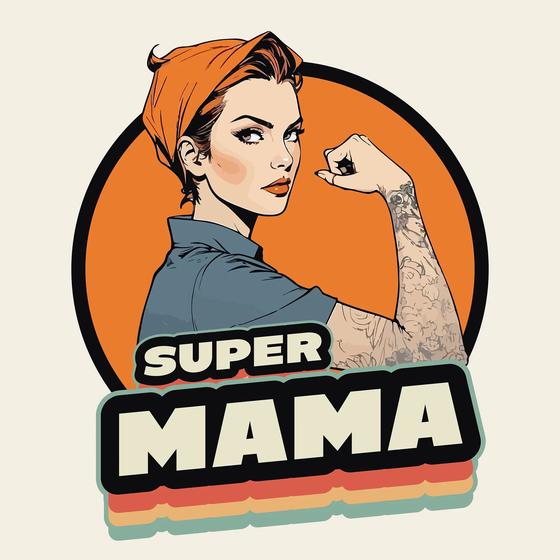 Super Mama vintage poster design featuring strong mother με retro pin-up style, orange background και empowering maternal imagery perfect για mother's day gifts και mom appreciation