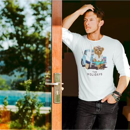 Surfing teddy in tropical look on long sleeve tee – Αρκουδάκι με τροπική εμφάνιση σε λευκή μακρυμάνικη μπλούζα.