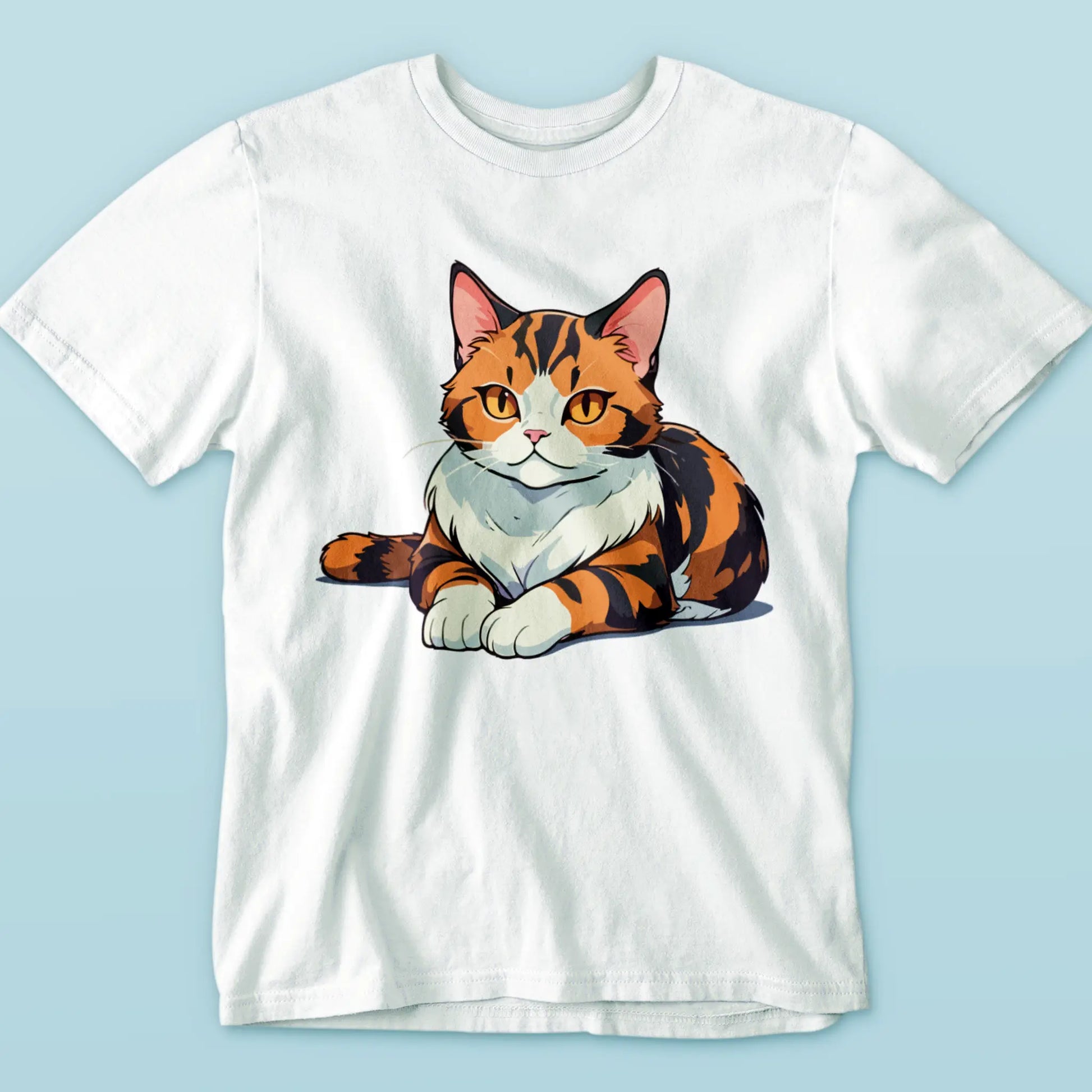 Sweet calico kitten with orange and brown fur sits on white t-shirt - Γλυκό γατάκι καλικό με πορτοκαλί και καφέ γούνα κάθεται σε λευκή μπλούζα