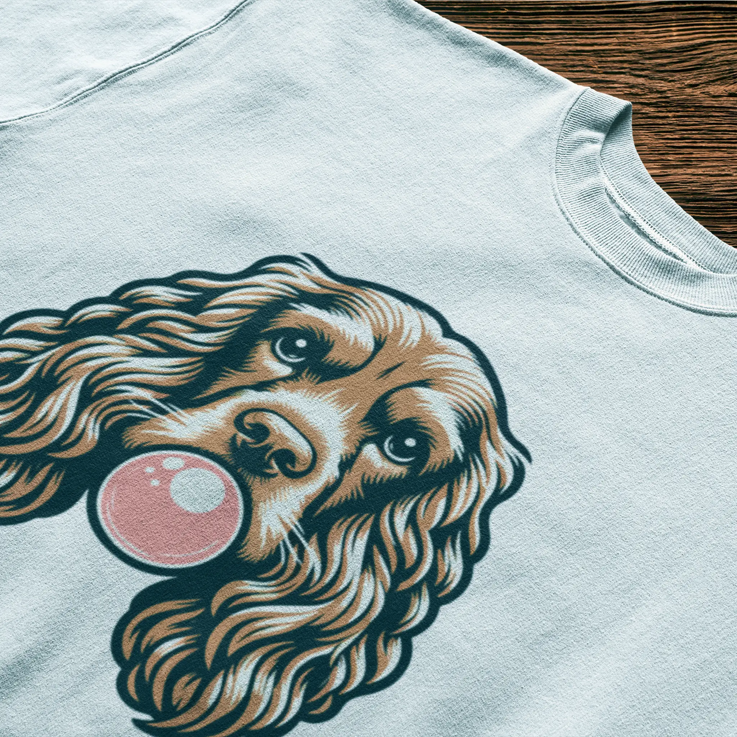Sweet spaniel dog shows off bubblegum skills on crisp white t-shirt. Γλυκός σκύλος σπάνιελ επιδεικνύει τις δεξιότητές του στην τσίχλα σε λευκό t-shirt