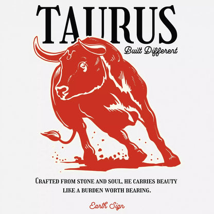 Taurus ‘Built Different’ red charging bull graphic, earth-sign identity – Σχέδιο Ταύρος ‘Built Different’ με κόκκινο ορμητικό ταύρο και ταυτότητα γήινου ζωδίου.