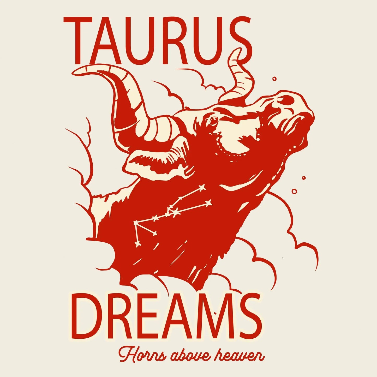 Taurus Dreams - Horns Above Heaven" mystical zodiac design featuring bull horns reaching toward celestial sky with dreamy typography / Μυστικιστικό σχέδιο ζωδίου Ταύρος με κέρατα που φτάνουν προς τον ουρανό με καλλιγραφική τυπογραφία