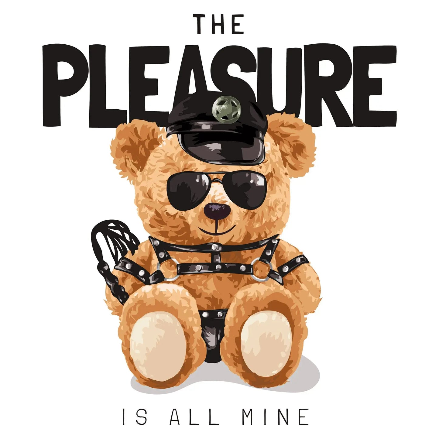 Teddy bear dressed in full leather BDSM outfit with sunglasses and police cap – Αρκουδάκι ντυμένο με ολοκληρωμένο δερμάτινο BDSM σύνολο, γυαλιά και καπέλο αστυνομίας.