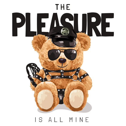 Teddy bear dressed in full leather BDSM outfit with sunglasses and police cap – Αρκουδάκι ντυμένο με ολοκληρωμένο δερμάτινο BDSM σύνολο, γυαλιά και καπέλο αστυνομίας.