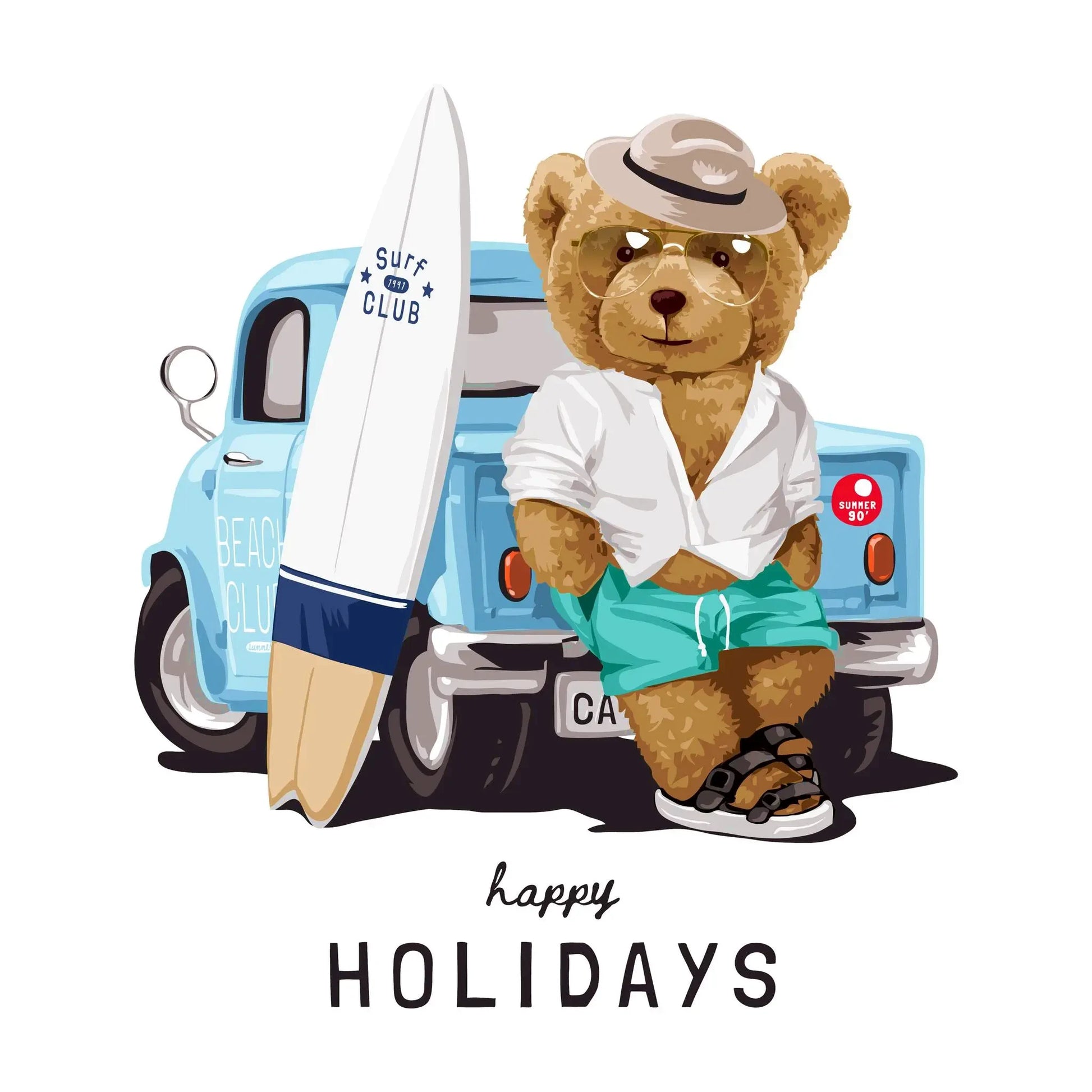 Teddy bear in beach outfit leaning on retro blue surf van with surfboard – Αρκουδάκι με καλοκαιρινό look δίπλα σε ρετρό beach van με σανίδα του surf.