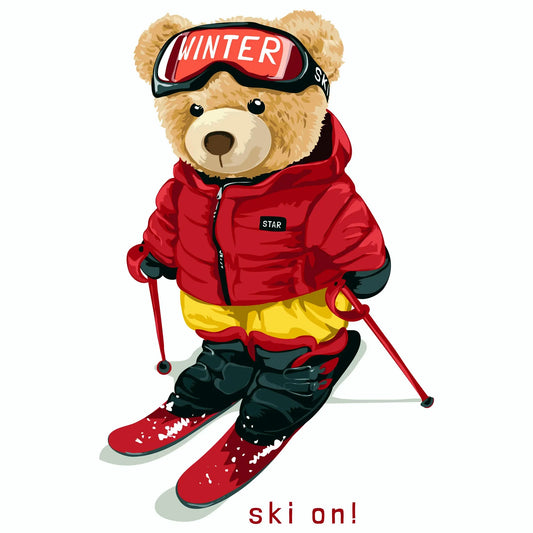 Teddy bear skier illustration in red jacket with WINTER goggles – Ski On design  Σχέδιο αρκουδάκι σκιέρ με κόκκινο μπουφάν και γυαλιά σκι “WINTER” – Ski On