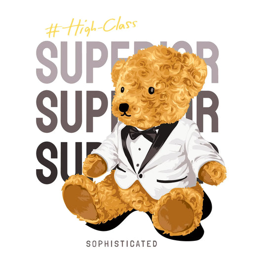 Teddy bear wearing a white tuxedo with black bow tie and #High-Class Superior text – Αρκουδάκι με λευκό σμόκιν και παπιγιόν μπροστά από το λογότυπο #High-Class Superior