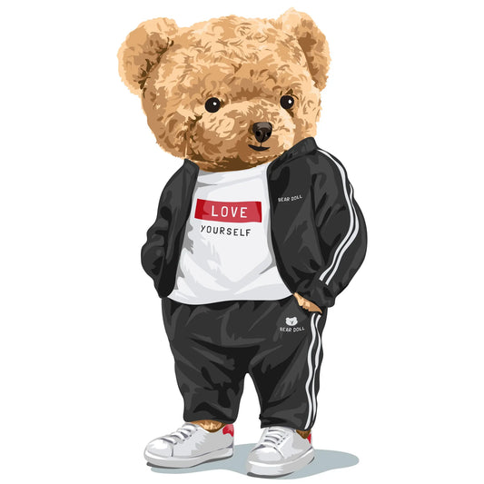 Teddy bear wearing black tracksuit and Love Yourself t-shirt – αρκουδάκι με μαύρη αθλητική φόρμα και μπλουζάκι με μήνυμα Love Yourself.