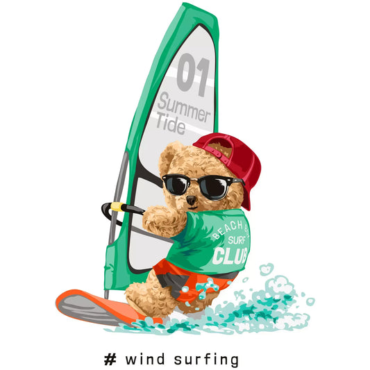 Teddy bear windsurfing wearing sunglasses and red cap – αρκουδάκι κάνοντας windsurf με γυαλιά ηλίου και κόκκινο καπέλο