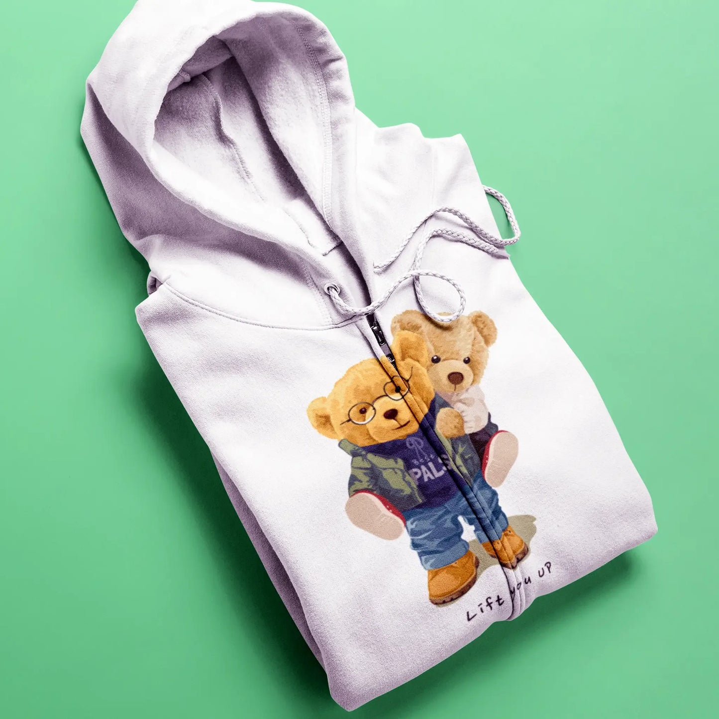 Teddy graphic zip hoodie in white for casual friendly vibes – λευκή ζακέτα με σχέδιο αρκούδων