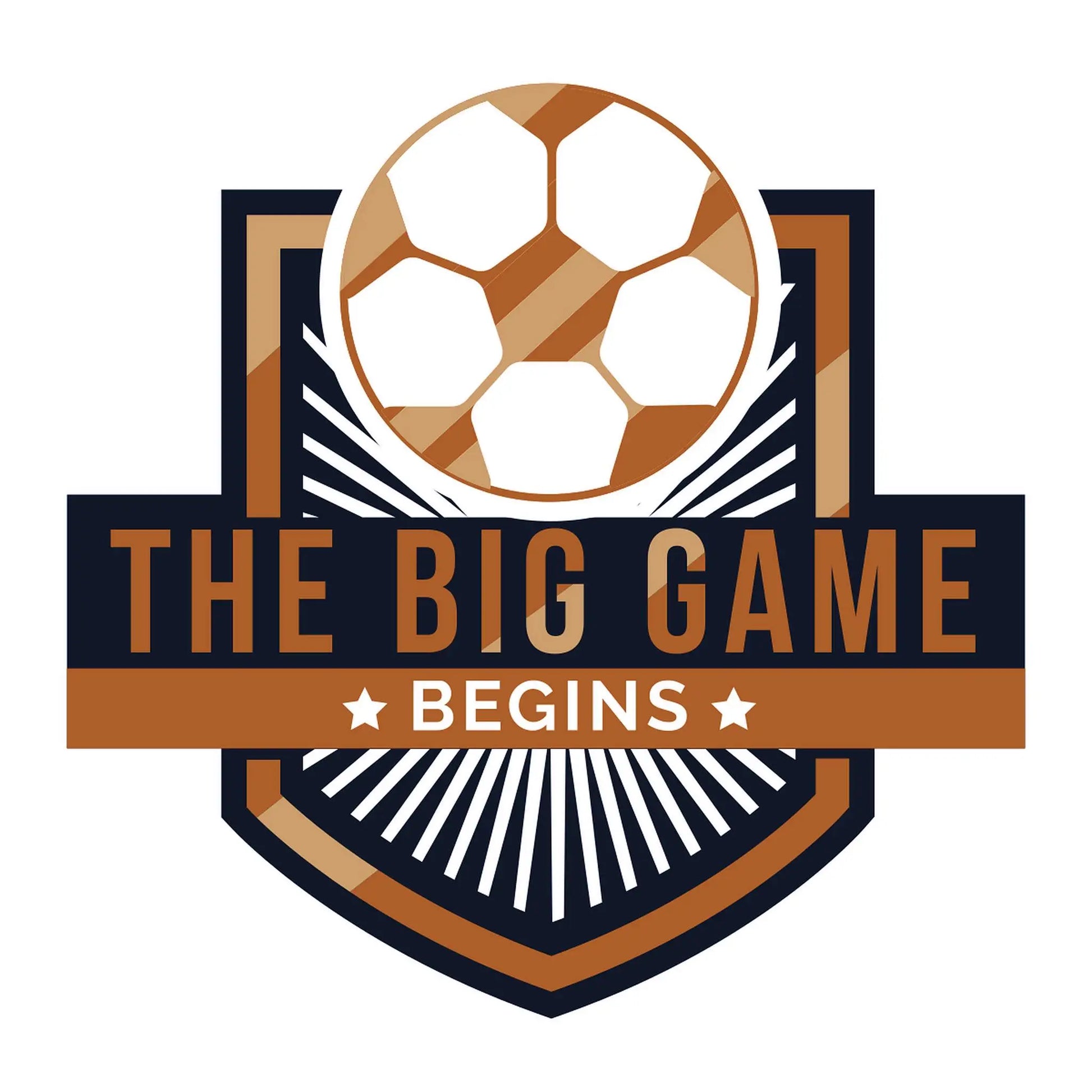 The Big Game Begins" crest design with a stylized football and radiant lines, evoking excitement and the thrill of kickoff. – Σχέδιο με το έμβλημα "The Big Game Begins" που περιλαμβάνει μπάλα ποδοσφαίρου και ακτινωτά γραφικά, προκαλώντας ενθουσιασμό και προσμονή για τη σέντρα.