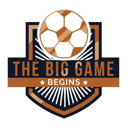 The Big Game Begins" crest design with a stylized football and radiant lines, evoking excitement and the thrill of kickoff. – Σχέδιο με το έμβλημα "The Big Game Begins" που περιλαμβάνει μπάλα ποδοσφαίρου και ακτινωτά γραφικά, προκαλώντας ενθουσιασμό και προσμονή για τη σέντρα.